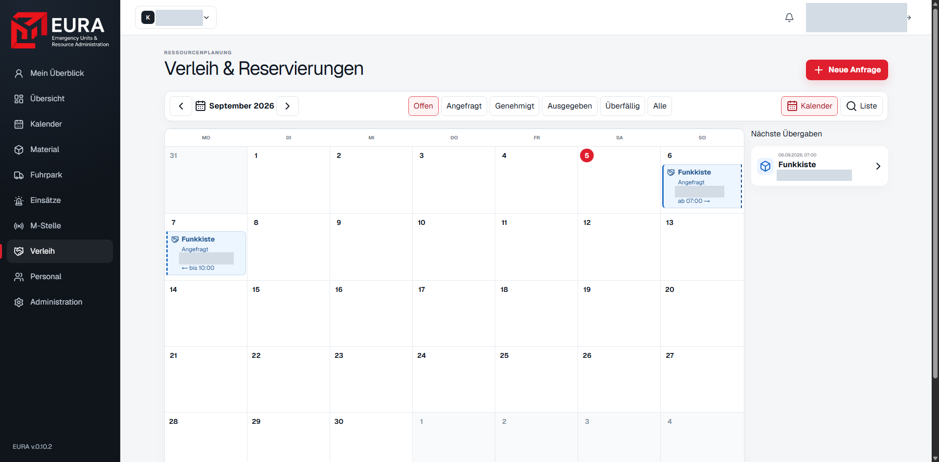 Verleihkalender mit mehrtägiger Reservierung und den nächsten Übergaben